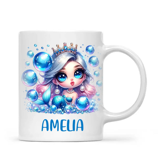 Personalised with Name, Blue Mermaid Princess Kids Mug – Custom Under the Sea Cup for Children – Available in 11oz, 6oz & Enamel