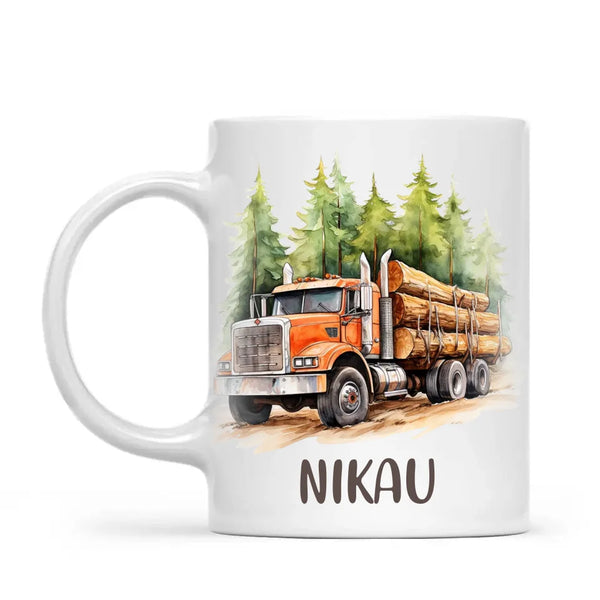 Personalised with Name, Orange Logging Truck Kids Mug – Custom Forest Truck Cup for Children – Available in 11oz, 6oz & Enamel