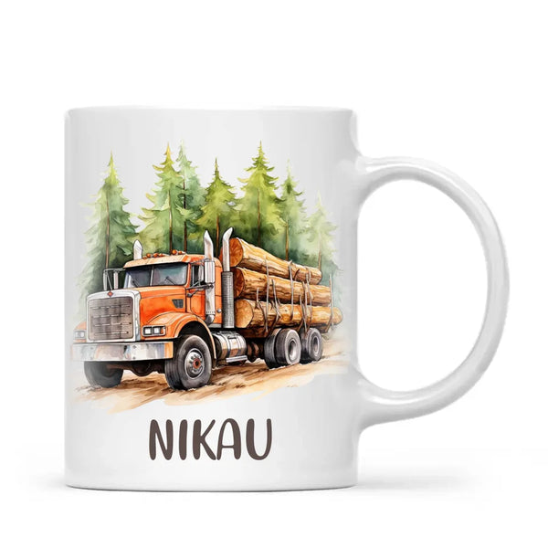 Personalised with Name, Orange Logging Truck Kids Mug – Custom Forest Truck Cup for Children – Available in 11oz, 6oz & Enamel