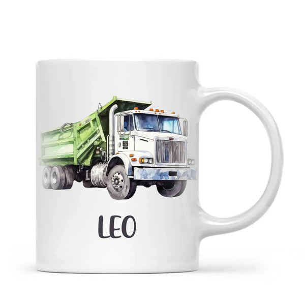 Personalised with Name, Green Dump Truck Kids Mug – Custom Construction Vehicle Cup for Children – Available in 11oz, 6oz & Enamel