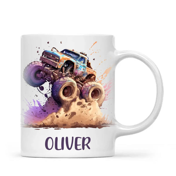 Personalised with Name, Monster Truck Adventure Kids Mug – Custom Off-Road Racing Cup for Children – Available in 11oz, 6oz & Enamel Options