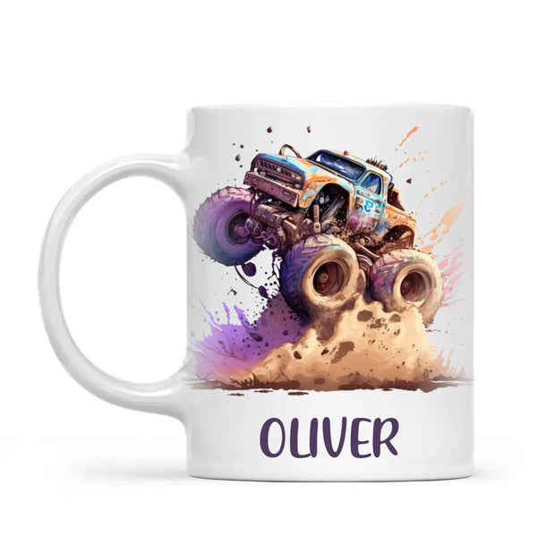 Personalised with Name, Monster Truck Adventure Kids Mug – Custom Off-Road Racing Cup for Children – Available in 11oz, 6oz & Enamel Options