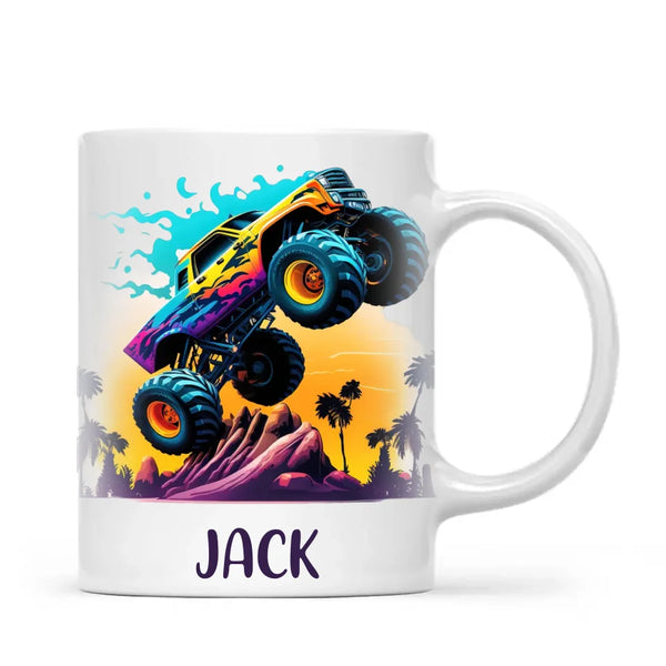 Personalised with Name, Sunset Monster Truck Kids Mug – Custom Off-Road Adventure Cup for Children – Available in 11oz, 6oz & Enamel Options