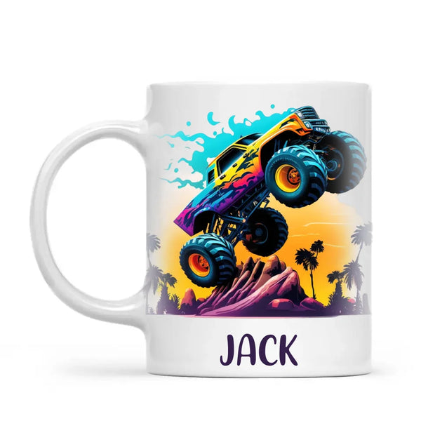 Personalised with Name, Sunset Monster Truck Kids Mug – Custom Off-Road Adventure Cup for Children – Available in 11oz, 6oz & Enamel Options