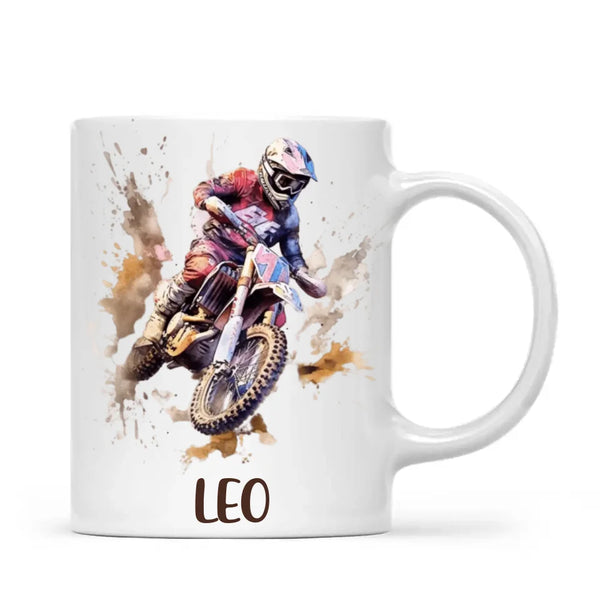 Personalised with Name, Motocross Rider Kids Mug – Customised Dirt Bike Racing Cup for Children – Available in 11oz, 6oz & Enamel Options