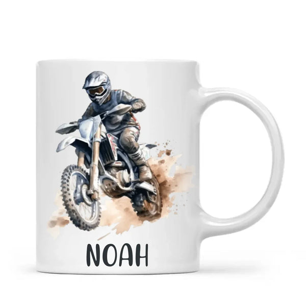 Personalised with Name, Motocross Rider Kids Mug – Customised Dirt Bike Racing Cup for Children – Available in 11oz, 6oz & Enamel Options