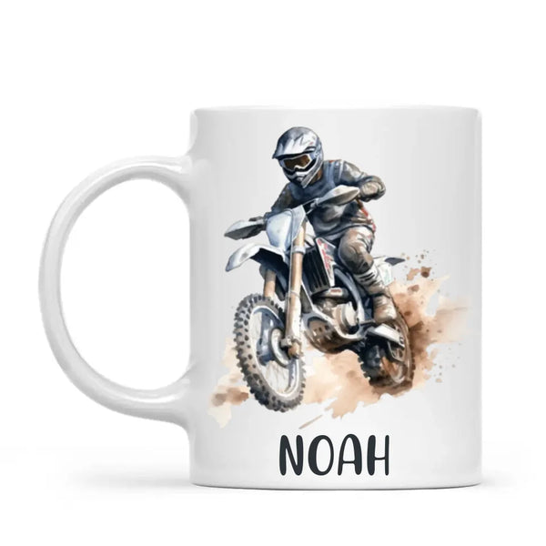 Personalised with Name, Motocross Rider Kids Mug – Customised Dirt Bike Racing Cup for Children – Available in 11oz, 6oz & Enamel Options