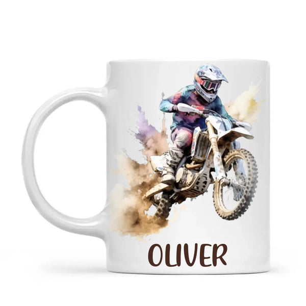 Personalised with Name, Motocross Dirt Bike Kids Mug – Customised Off-Road Motorbike Cup for Children – Available in 11oz, 6oz & Enamel Options