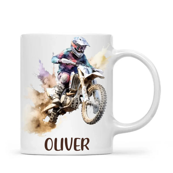 Personalised with Name, Motocross Dirt Bike Kids Mug – Customised Off-Road Motorbike Cup for Children – Available in 11oz, 6oz & Enamel Options