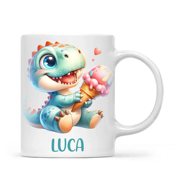 Personalised with Name, Dinosaur Ice Cream Kids Mug – Customised Cute Dino Cup for Children – Available in 11oz, 6oz & Enamel Options