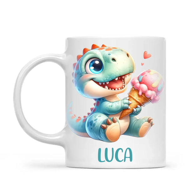 Personalised with Name, Dinosaur Ice Cream Kids Mug – Customised Cute Dino Cup for Children – Available in 11oz, 6oz & Enamel Options