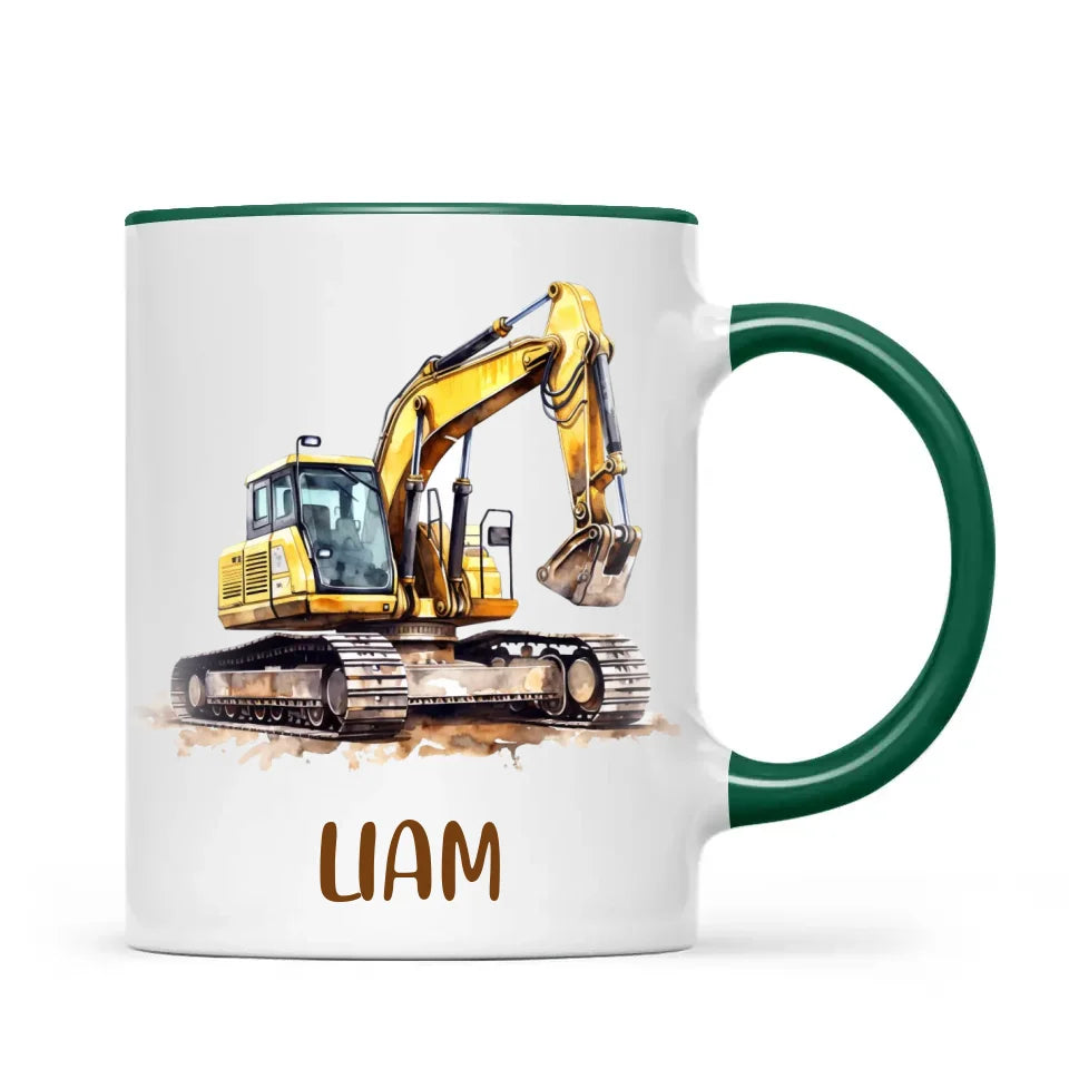 Personalised with Name, Digger Excavator Kids Mug – Customised Construction Vehicle Cup for Children – Available in 11oz, 6oz & Enamel Options