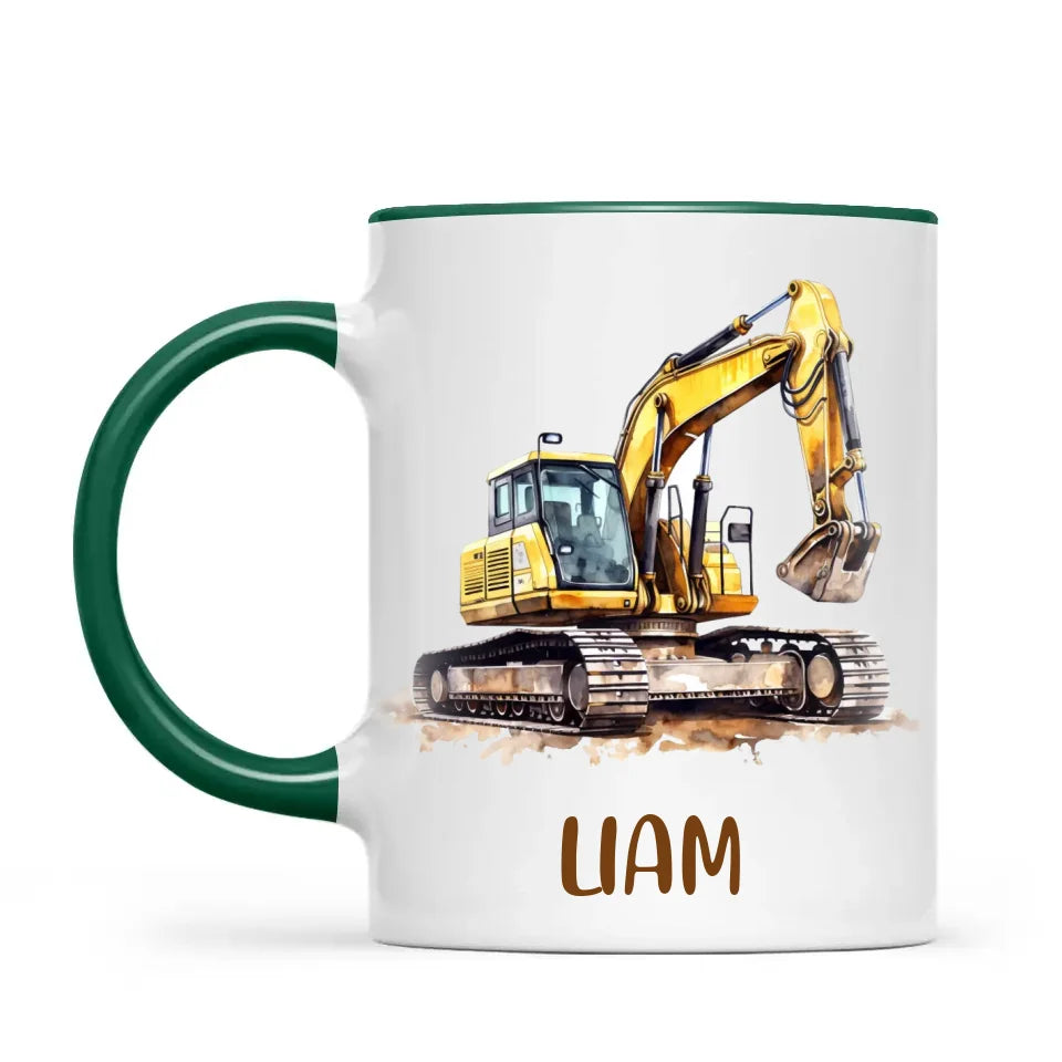 Personalised with Name, Digger Excavator Kids Mug – Customised Construction Vehicle Cup for Children – Available in 11oz, 6oz & Enamel Options