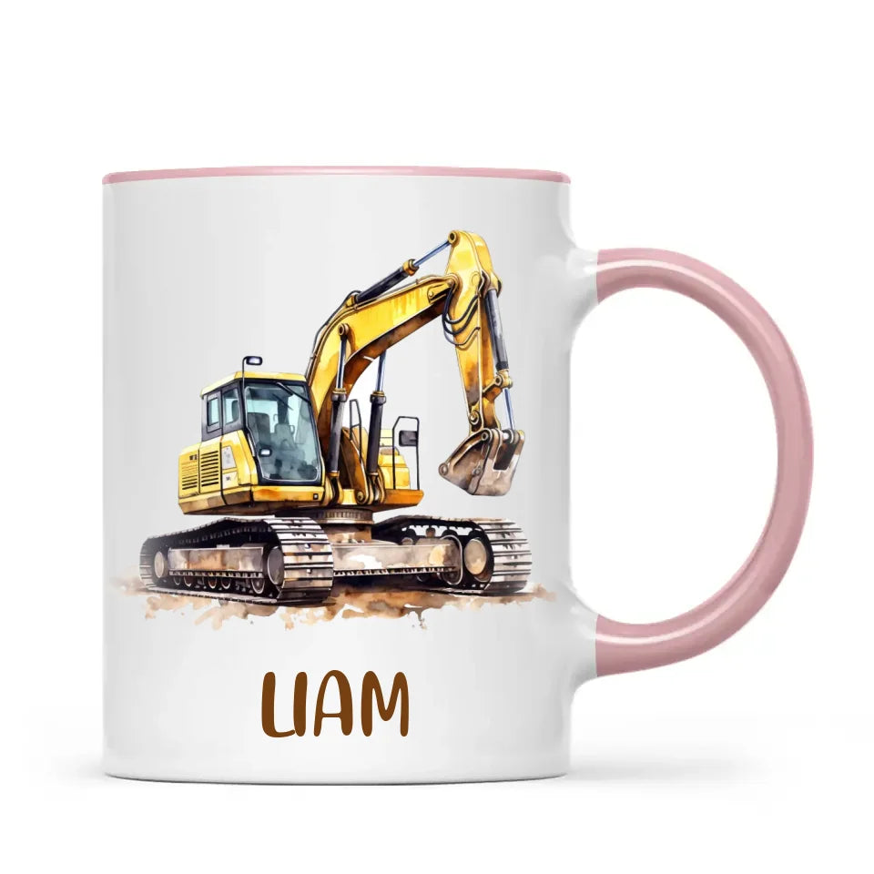 Personalised with Name, Digger Excavator Kids Mug – Customised Construction Vehicle Cup for Children – Available in 11oz, 6oz & Enamel Options