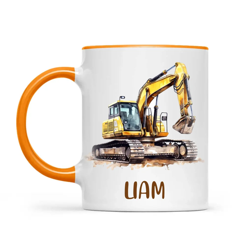 Personalised with Name, Digger Excavator Kids Mug – Customised Construction Vehicle Cup for Children – Available in 11oz, 6oz & Enamel Options