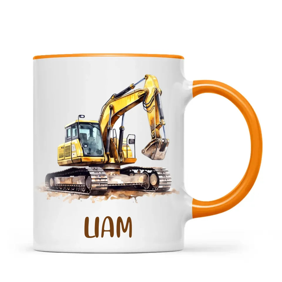 Personalised with Name, Digger Excavator Kids Mug – Customised Construction Vehicle Cup for Children – Available in 11oz, 6oz & Enamel Options