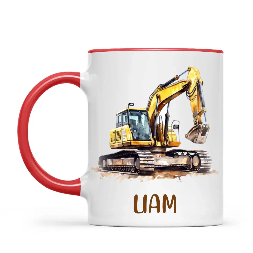 Personalised with Name, Digger Excavator Kids Mug – Customised Construction Vehicle Cup for Children – Available in 11oz, 6oz & Enamel Options