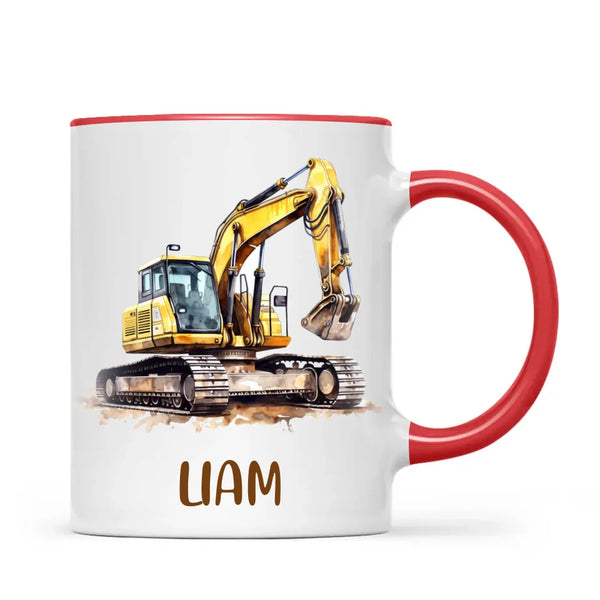 Personalised with Name, Digger Excavator Kids Mug – Customised Construction Vehicle Cup for Children – Available in 11oz, 6oz & Enamel Options