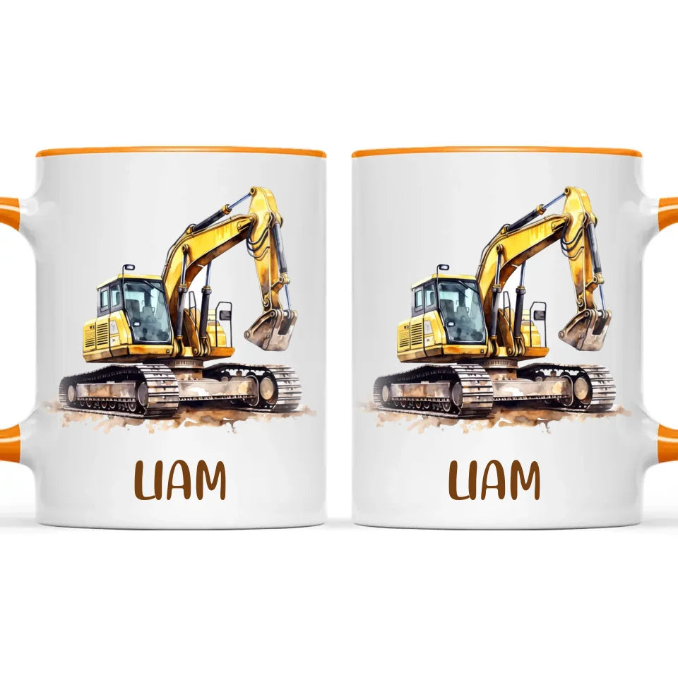 Personalised with Name, Digger Excavator Kids Mug – Customised Construction Vehicle Cup for Children – Available in 11oz, 6oz & Enamel Options