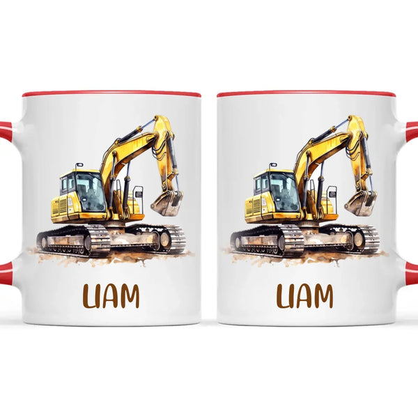 Personalised with Name, Digger Excavator Kids Mug – Customised Construction Vehicle Cup for Children – Available in 11oz, 6oz & Enamel Options