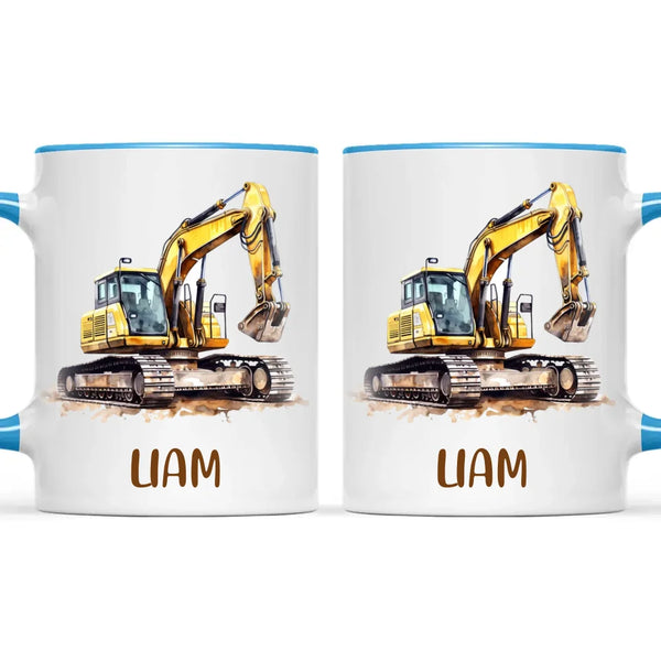 Personalised with Name, Digger Excavator Kids Mug – Customised Construction Vehicle Cup for Children – Available in 11oz, 6oz & Enamel Options