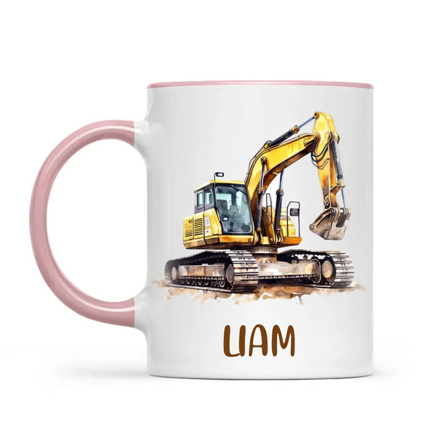 Personalised with Name, Digger Excavator Kids Mug – Customised Construction Vehicle Cup for Children – Available in 11oz, 6oz & Enamel Options