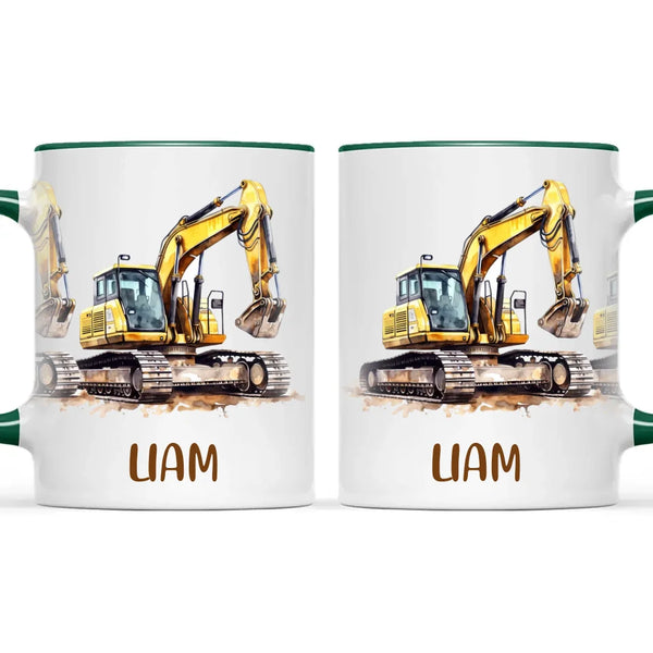 Personalised with Name, Digger Excavator Kids Mug – Customised Construction Vehicle Cup for Children – Available in 11oz, 6oz & Enamel Options