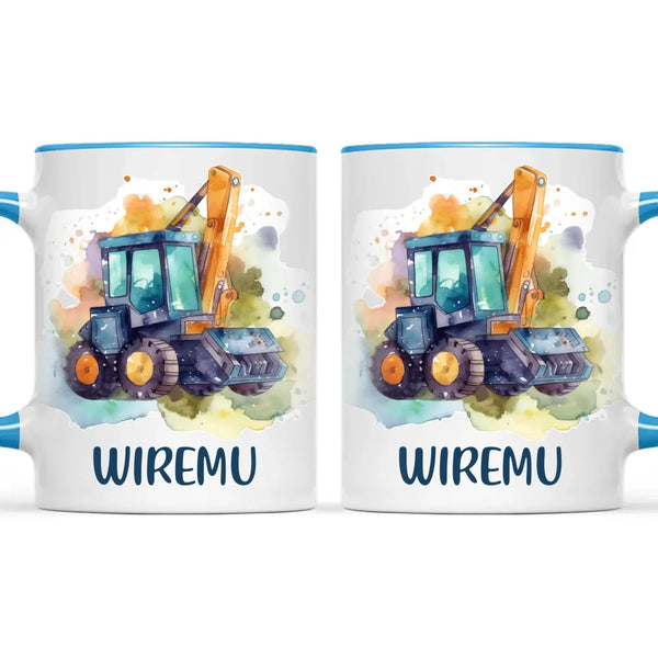 Personalised with Name, Backhoe Loader Kids Mug – Customised Construction-Themed Cup – Available in 11oz, 6oz & Enamel Options