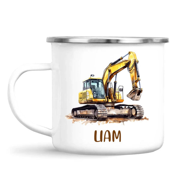 Personalised with Name, Digger Excavator Kids Mug – Customised Construction Vehicle Cup for Children – Available in 11oz, 6oz & Enamel Options