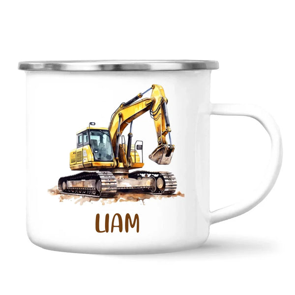 Personalised with Name, Digger Excavator Kids Mug – Customised Construction Vehicle Cup for Children – Available in 11oz, 6oz & Enamel Options