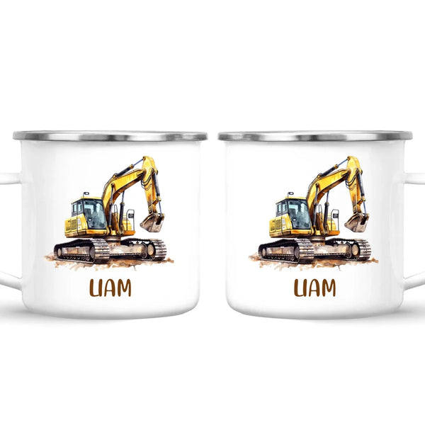 Personalised with Name, Digger Excavator Kids Mug – Customised Construction Vehicle Cup for Children – Available in 11oz, 6oz & Enamel Options