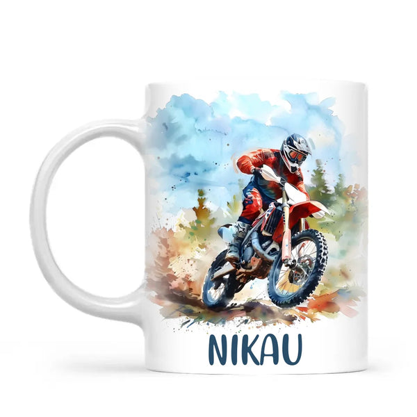 Personalised with Name, Red Motocross Rider Kids Mug – Customised Dirt Bike Racing Cup for Children – Available in 11oz, 6oz & Enamel Options