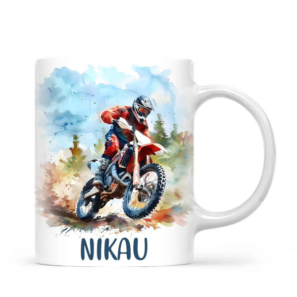 Personalised with Name, Red Motocross Rider Kids Mug – Customised Dirt Bike Racing Cup for Children – Available in 11oz, 6oz & Enamel Options