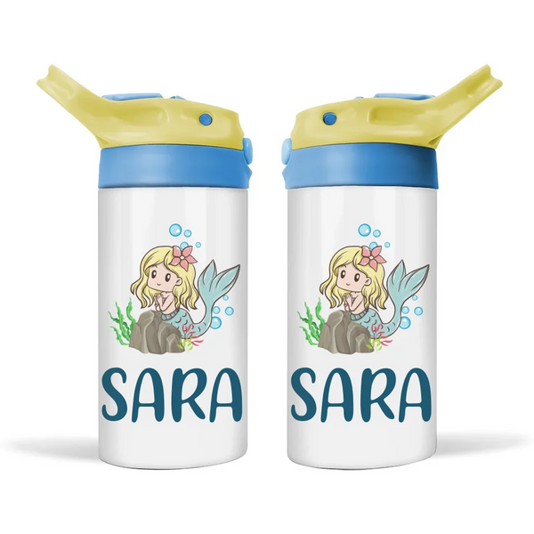 Personalised with Name, Double-Walled Mermaid Kids Bottle – Customised Ocean-Themed Drink Bottle for Kids