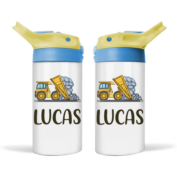 Personalised with Name, Double-Walled Dump Truck Kids Bottle – Customised Construction-Themed Drink Bottle for Kids