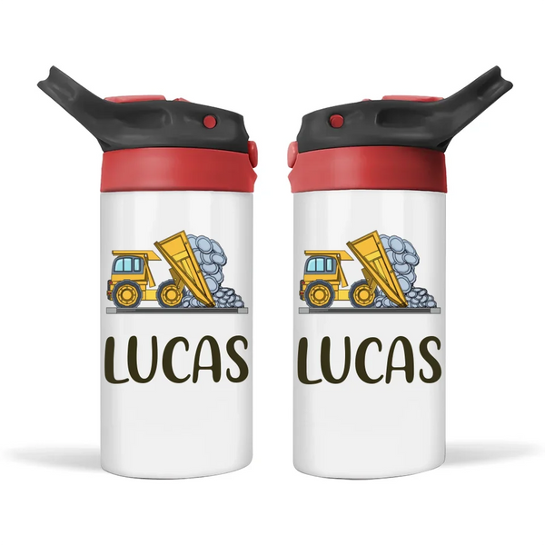 Personalised with Name, Double-Walled Dump Truck Kids Bottle – Customised Construction-Themed Drink Bottle for Kids