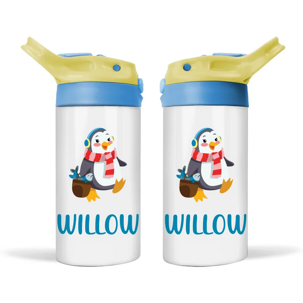 Personalised with Name, Double-Walled Penguin Kids Bottle – Customised Winter-Themed Drink Bottle for Kids