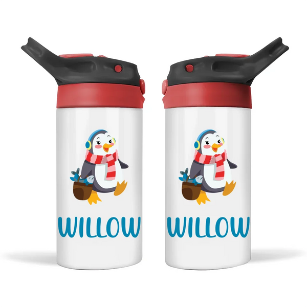 Personalised with Name, Double-Walled Penguin Kids Bottle – Customised Winter-Themed Drink Bottle for Kids