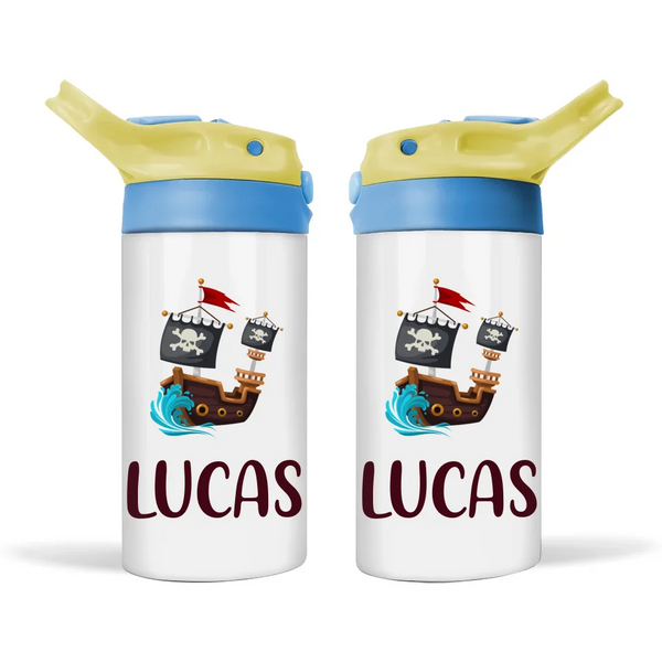 Personalised with Name, Double-Walled Pirate Ship Kids Bottle – Customised for Boys & Girls