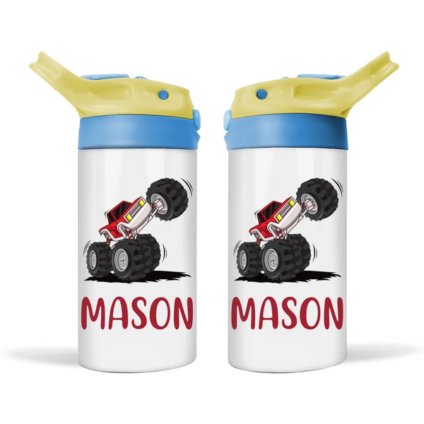 Personalised Monster Truck Sippy Bottle – Custom Kids Drink Bottle – 350ml Stainless Steel