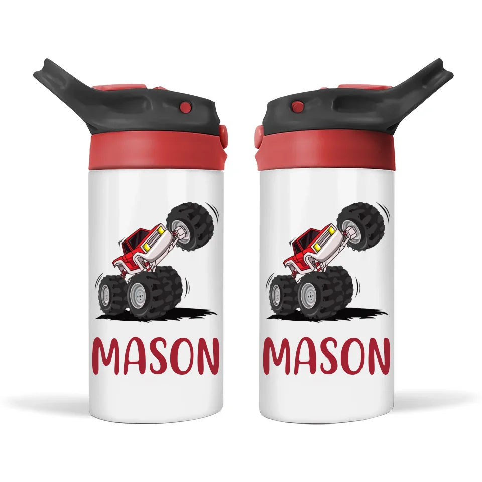 Personalised Monster Truck Sippy Bottle – Custom Kids Drink Bottle – 350ml Stainless Steel