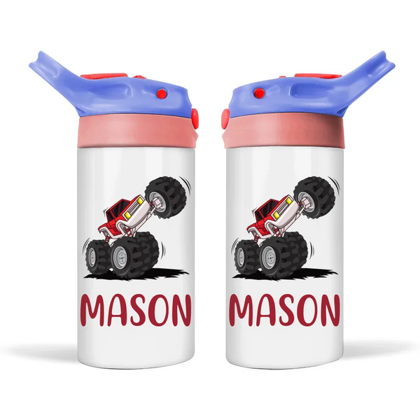 Personalised Monster Truck Sippy Bottle – Custom Kids Drink Bottle – 350ml Stainless Steel