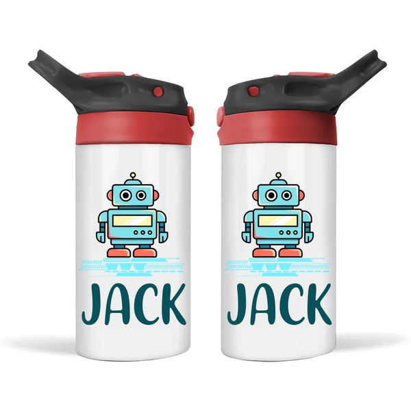 Personalised Robot Sippy Bottle – Futuristic Kids Drink Bottle – 350ml Stainless Steel