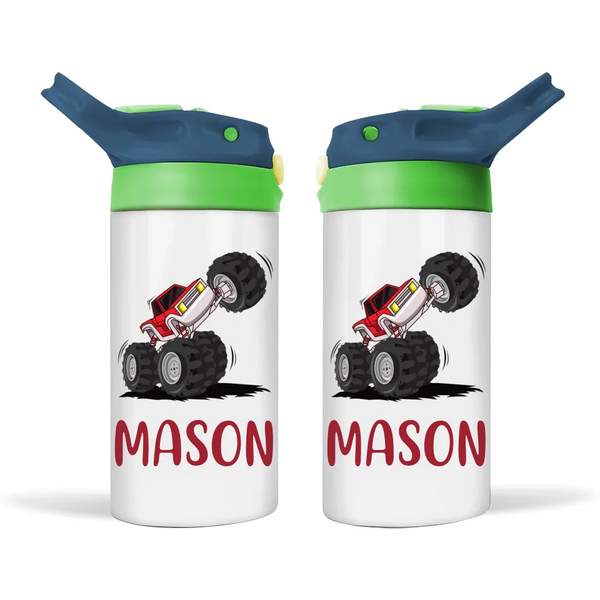 Personalised Monster Truck Sippy Bottle – Custom Kids Drink Bottle – 350ml Stainless Steel