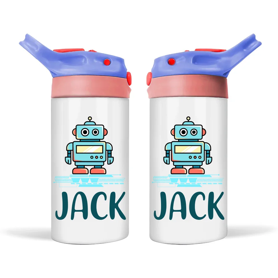 Personalised Robot Sippy Bottle – Futuristic Kids Drink Bottle – 350ml Stainless Steel