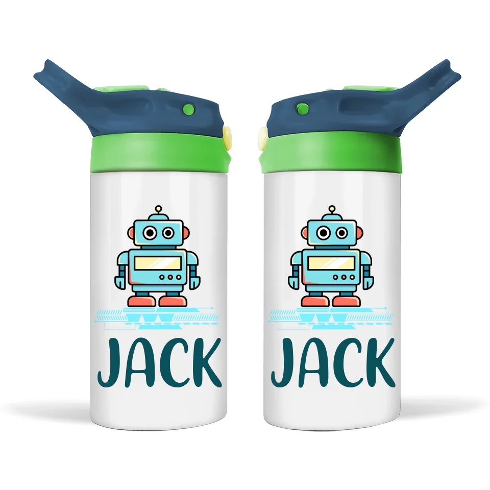 Personalised Robot Sippy Bottle – Futuristic Kids Drink Bottle – 350ml Stainless Steel