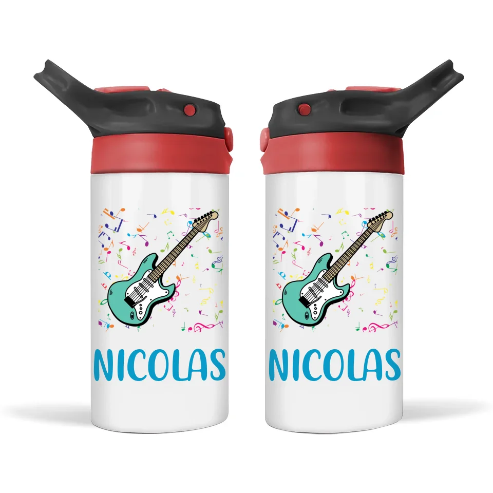 Personalised Electric Guitar Sippy Bottle – Rock Star Kids Drink Bottle – 350ml Stainless Steel