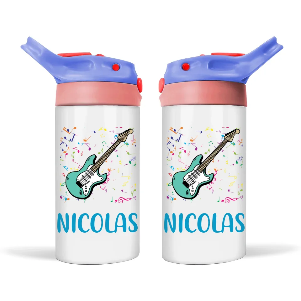 Personalised Electric Guitar Sippy Bottle – Rock Star Kids Drink Bottle – 350ml Stainless Steel