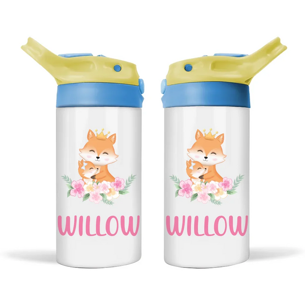 Personalised Fox & Flowers Sippy Bottle – Custom Name Kids Drink Bottle – 350ml Double-Walled Stainless Steel