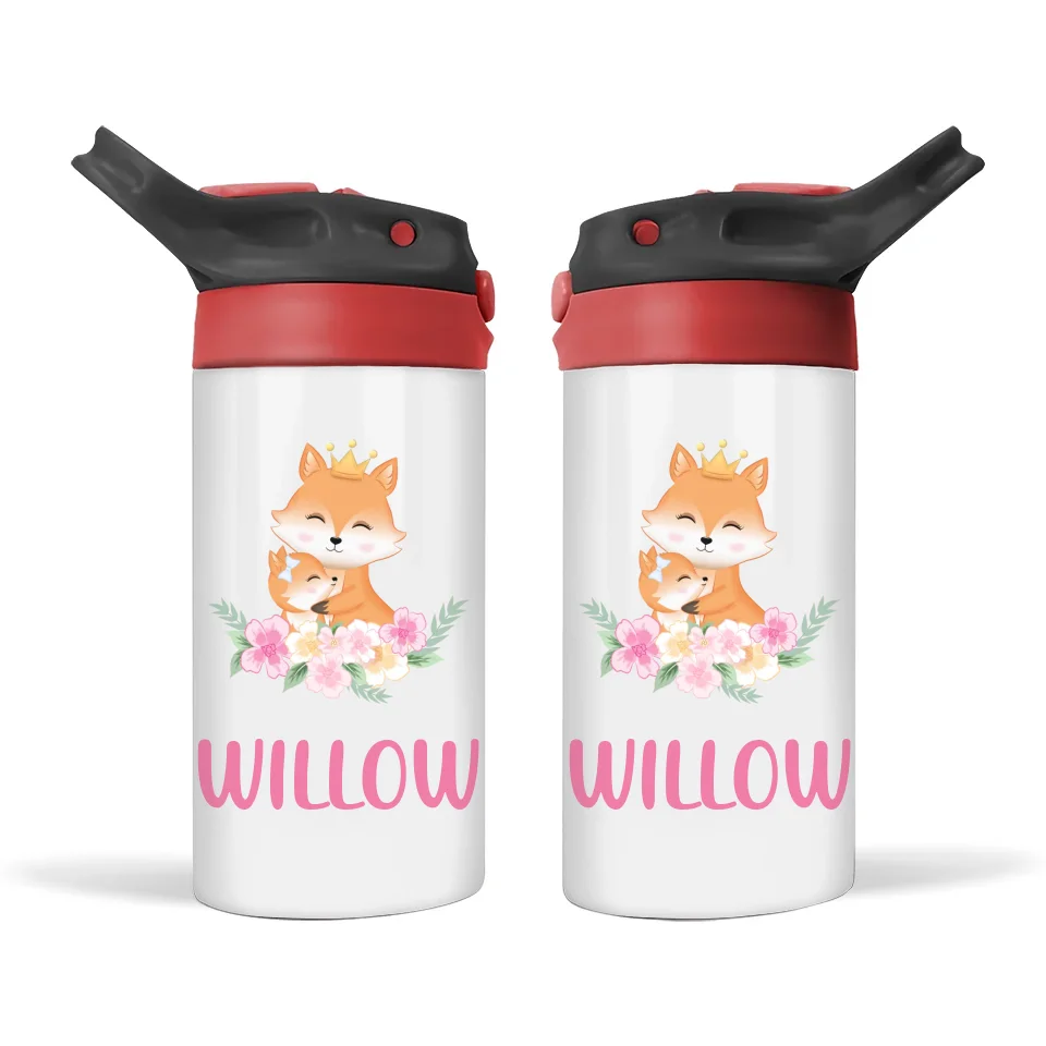 Personalised Fox & Flowers Sippy Bottle – Custom Name Kids Drink Bottle – 350ml Double-Walled Stainless Steel